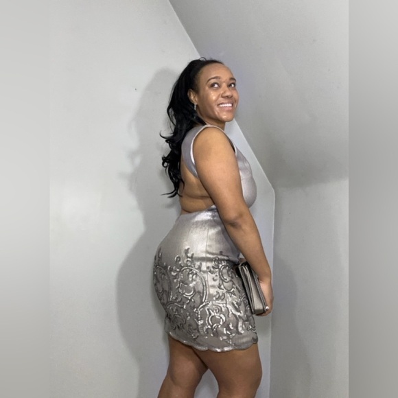 BCBGMaxAzria silver backless cocktail dress open back formal sexy gown birthday - Picture 6 of 13